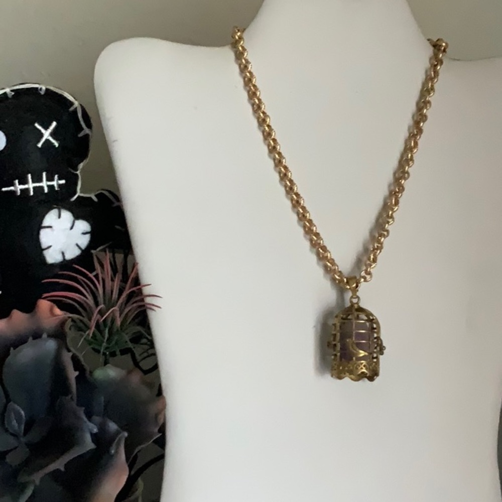 Gold Birdcage Containing Amethyst Stone on Textured Matte Gold Rolo Chain Choker
